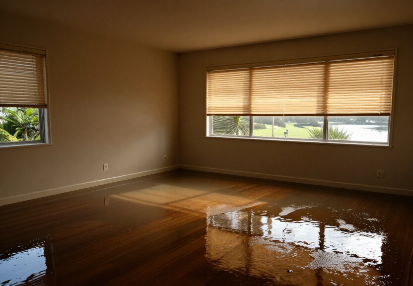 Flooded subfloor in a Fairfield apartment building with standing water
